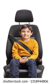 Male Kid Sitting In A Car Seat With Safety Belt On Isolated On White Background