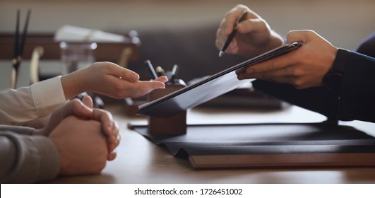 Male Lawyer Working With Clients In Office, Closeup. Banner Design