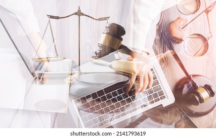 Male Lawyer Working With Contract Papers And Wooden Gavel On Tabel In Courtroom. Justice And Law ,attorney, Court Judge, Concept.