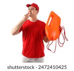 Male lifeguard with rescue tube buoy blowing in whistle on white background