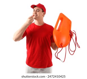 Male lifeguard with rescue tube buoy blowing in whistle on white background - Powered by Shutterstock