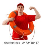 Male lifeguard with ring buoy and whistle showing muscles on white background