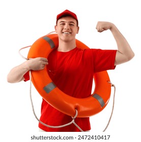 Male lifeguard with ring buoy and whistle showing muscles on white background - Powered by Shutterstock