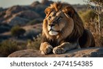 a male lion sitting on a rock