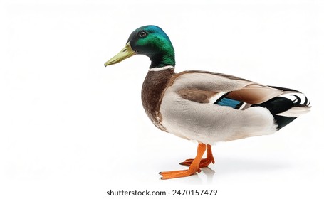 male mallard duck drake - Anas platyrhynchos -  standing side view showing orange webbed feet. green iridescent head, chestnut brown breast. isolated on white background