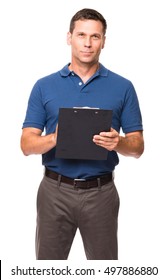 Male Man Business Causal Businessman Supervisor Manager In Blue Polo Shirt With Clipboard Isolated On White Background