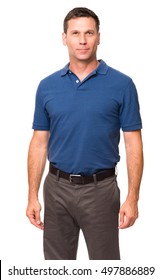 Male Man Business Causal Businessman In Blue Polo Shirt With Arms At Sides Isolated On White Background