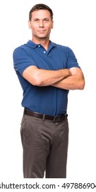 Male Man Business Causal Businessman Supervisor Manager In Blue Polo Shirt With Arms Crossed Isolated On White Background