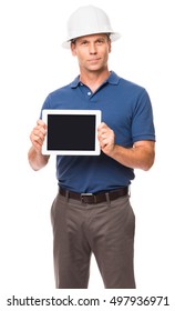 Male Man Business Causal Businessman Architect Engineer In Blue Polo Shirt And White Hard Hat Showing Blank Digital Tablet Isolated On White Background