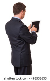 Male Man Businessman Over The Shoulder Rear View Working On Tablet Computer Isolated On White Background