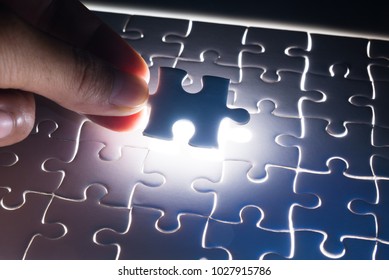 Male or Man Hand and Finger put Piece of Jigsaw in Place to Solve or Match Puzzle as Business Solution - Shutterstock ID 1027915786