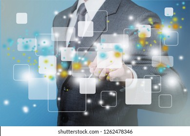 Male Manager Feeding Distributed Energy Resources Back Into The Power Grid. Industry Concept For Demand Response Application, Decentralized, Community Generated Energy And Two-way Flow Of Power.