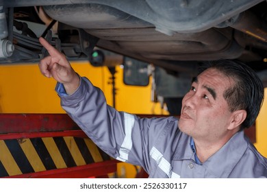 male mechanics examining the underside of a vehicle, one pointing while the other holds wrench. Grey uniforms with reflective strips suggest a focus on teamwork and technical skills in vehicle repair. - Powered by Shutterstock