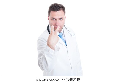 Male Medic Or Doctor Making Look Into My Eyes Gesture With Two Fingers Isolated On White Background With Advertising Area