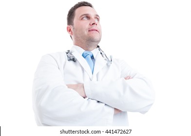 Male Medic Or Doctor Posing Low Angle Like Hero Shot And Powerful Isolated On White Background With Copy Space