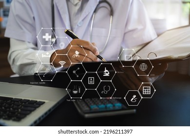 Male Medicine Doctor Hand Holding Pen Writing Something On Clipboard Close Up. Ward Round, Patient Visit Check, Medical Calculation And Statistics Concept.