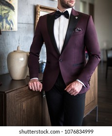 Male Model In Custom Tailored Tuxedo, Suit Posing Indoors