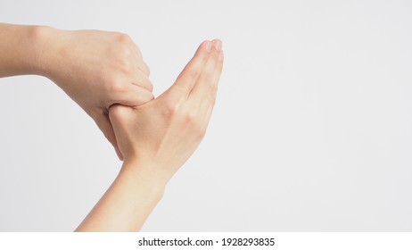 Male model is rub thumb on white background.