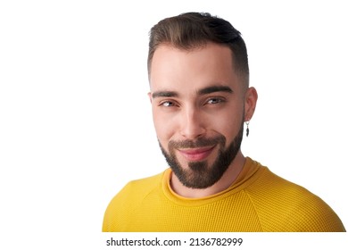 Male Model Shot In Studio. Casual Style And Look With A Modern And Fresh Approachable Expression. Happy And Smiling. Headshot Of Man With A Beard, Brown Hair, Brown Eyes On A White Solid Background. 