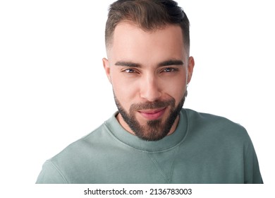 Male Model Shot In Studio. Casual Style And Look With A Modern And Fresh Approachable Expression. Happy And Smiling. Headshot Of Man With A Beard, Brown Hair, Brown Eyes On A White Solid Background. 