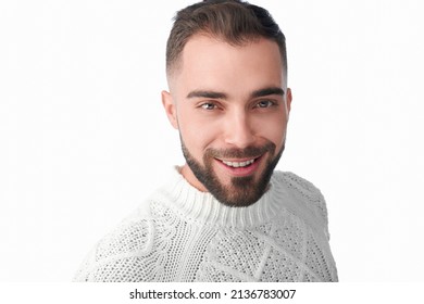 Male Model Shot In Studio. Casual Style And Look With A Modern And Fresh Approachable Expression. Happy And Smiling. Headshot Of Man With A Beard, Brown Hair, Brown Eyes On A White Solid Background. 