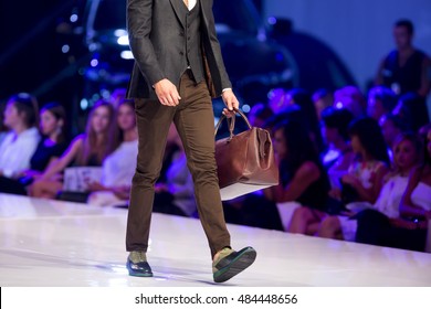 A Male Model Walks The Runway During The Autumn/Winter Sofia Fashion Week Show 2016 In Sofia, Bulgaria. Model With A Bag.