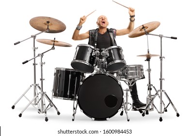 Male musician in leather vest playing a drum kit isolated on white background
