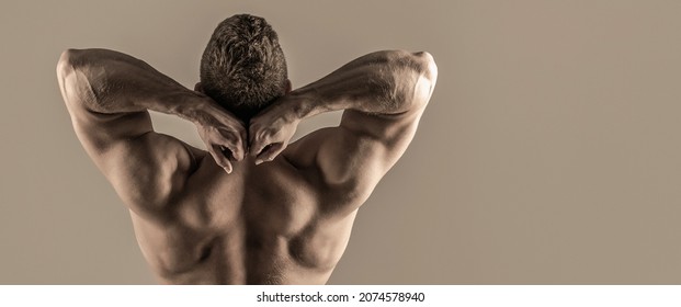 Male Naked, Healthy Musculars Guy, Torso Man, Isolated. Man With Muscular Arms, Triceps. Waist, Waistline. Guy With Beautiful Torso.