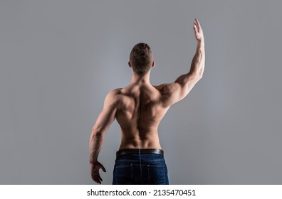 Male naked, healthy musculars guy, torso man, isolated. Man with muscular arms, triceps. Waist, waistline. Guy with beautiful torso. Muscular back, muscular man, muscled back, naked torso.