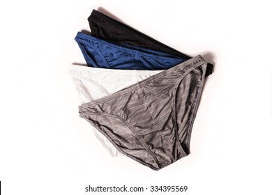 Male New Underpants Or Underware Bikini Blue Grey Black And White Color Isolated On White Background