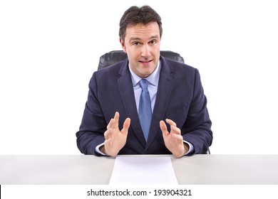 Male News Anchor Or Reporter On A White Background