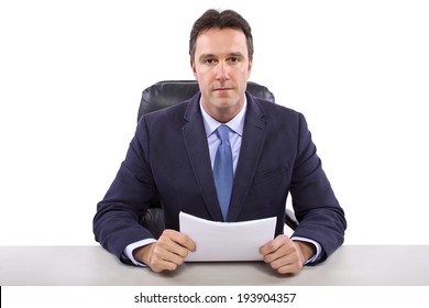 Male News Anchor Or Reporter On A White Background