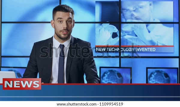 Male News Presenter Speaking about\
Breakthrough in Technology