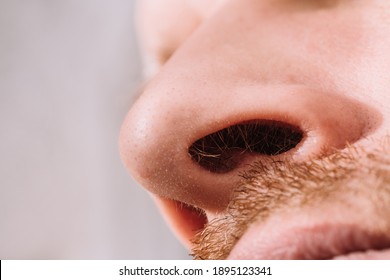 Male nose close up bottom view - hair in the nostrils