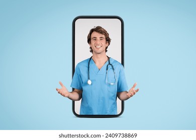 Male nurse in blue scrubs displayed on mobile phone screen, making welcoming gesture, symbolizing accessible telehealth services, set against soft blue background - Powered by Shutterstock