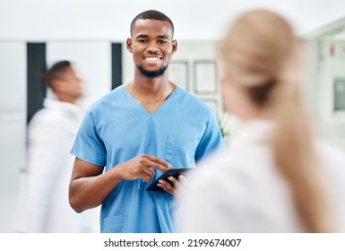 Male Nurse, Surgeon Or Doctor With Tablet And 5g Network Medical Research, Information Technology Or Answer Online Consultation With Medical Insurance. Healthcare, Portrait And Smile Of Man Using App