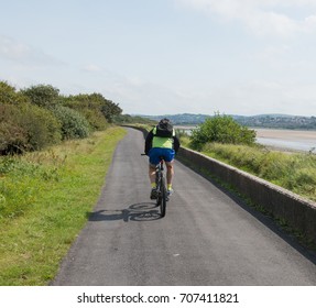 Male On A Mountain Bike Cycling Along The Tarka Trail, Part Of The South West Coast Path, On The Estuary Between Braunton And Barnstaple In North Devon, England, UK