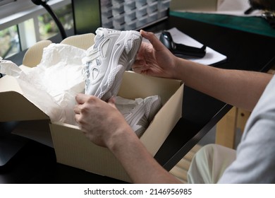 Male Online Store Small Business Owner Entrepreneur Packing Package Post Shipping Box Preparing Delivery Parcel On Table. E-commerce Business Concept.