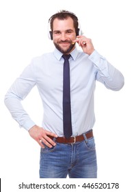 Male Operator With Headset On White Background