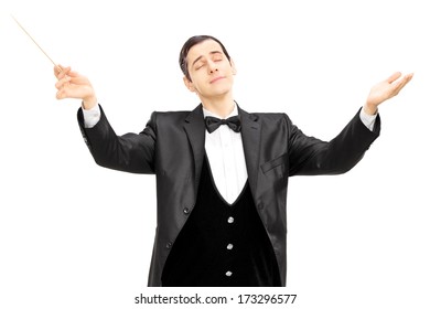 Male Orchestra Conductor Directing With Baton Isolated On White Background