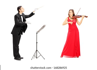 Male Orchestra Conductor Directing A Female Playing Violin Isolated On White Background