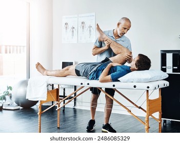 Male people, knee injury and physiotherapist working in consulting room, rehabilitation with exercise for wellness. Men, office or together for physiotherapy service with health insurance and stretch - Powered by Shutterstock