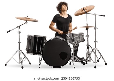 Male performer playing drums isolated on white background - Powered by Shutterstock