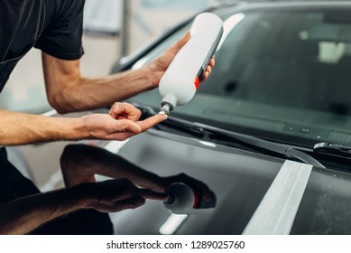 Male Person With Car Polishing Paste, Carwash