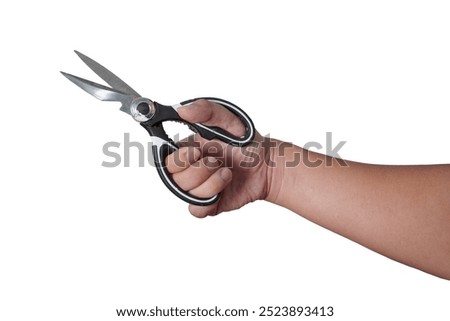 Male person hand holding scissor, cut out isolated on white