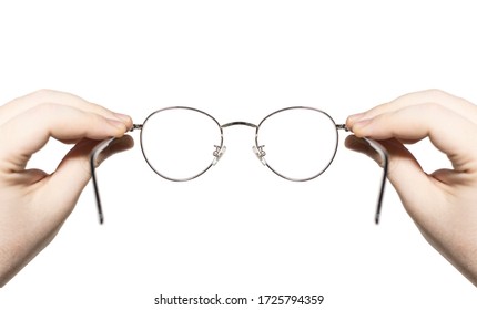 Male Person Holding Eyeglasses, First Person Pov Shot, Isolated White Background