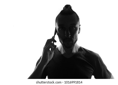 Male Person Silhouette Use Mobile Phone,,back Lit Isolated On White