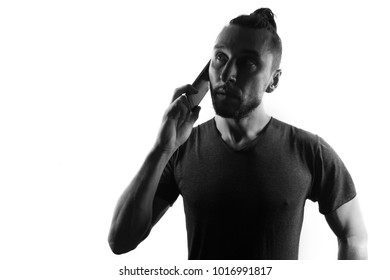 Male Person Silhouette Use Mobile Phone,,back Lit Isolated On White