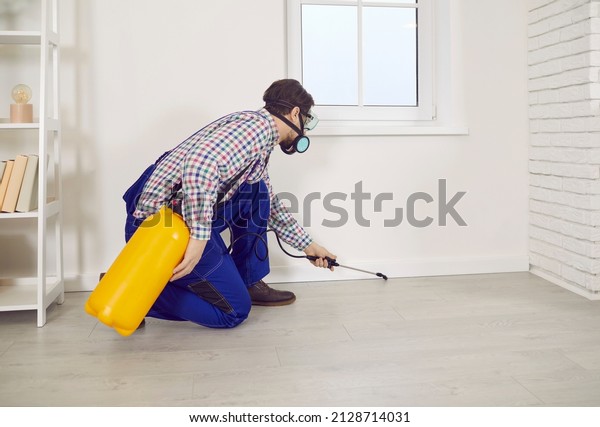 Male pest control worker disinfects apartment\
and spraying insecticide from yellow bottle. Man in overalls and\
respirator squats and sprays cockroach and termite poison on floor.\
Disinfecting service.