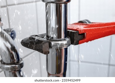 Male Plumber's Hand Repairing Sink Pipe Leakage With Adjustable Wrench - Powered by Shutterstock